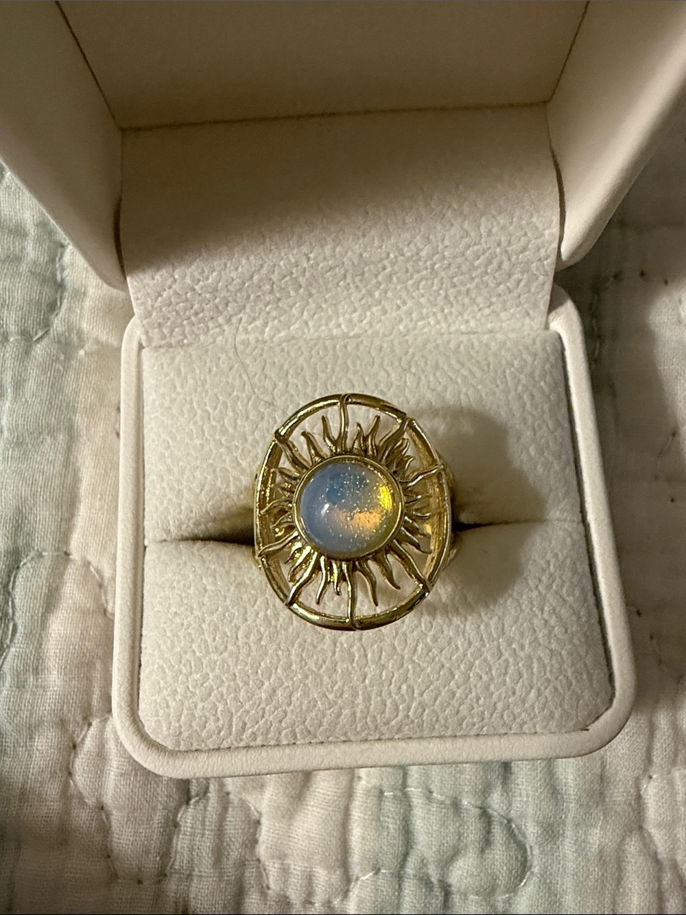 Gold Sunburst Ring with Opalescent Stone - Women Jewelry